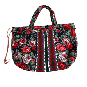 HANDMADE Quilted Bag Tote Large Patchwork Design 23”x16” Cinch Close Floral 90s thumbnail 6