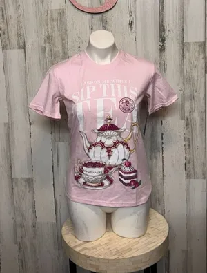 Bridgerton “Sip This Tea” Pink Graphic T-Shirt XS Netflix Short Sleeve Tee thumbnail 1