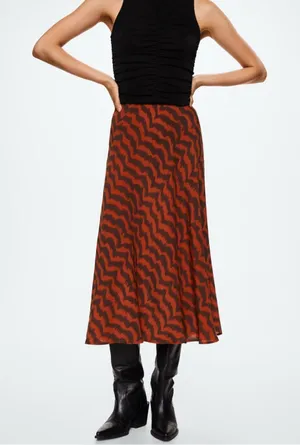 Mango Womens Animal Print Elastic Waist Flowy Midi Skirt Red Orange Black Size L thumbnail 1