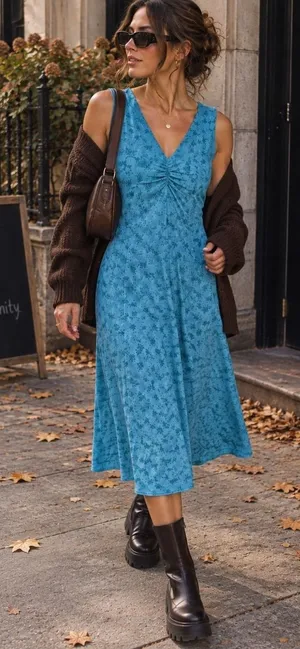 Vintage Banana Republic Y2K 2002 Blue Floral Ruched Midi Dress Size 6 thumbnail 1