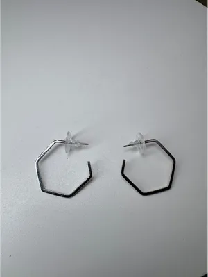 Silver Tone Geometric Hexagon Hoop Earrings Open Hoop Studs with Free Backs thumbnail 4