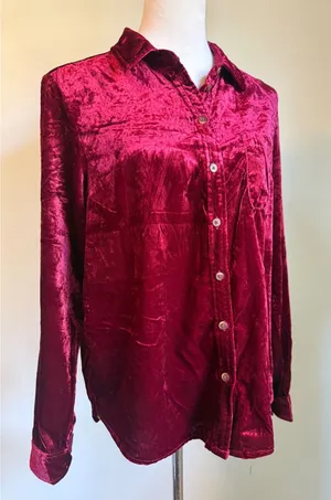 Maeve Anthropologie Red pink Crushed Velvet Button Shirt Long‎ 6 boho whimsi y2k thumbnail 1