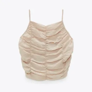 Zara Ruched Halter Crop Top Light Tan Brown Smocked Draped Size S thumbnail 2