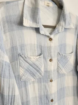 OTT Light Blue and White Check Cotton Gauze Button Down Shirt Size XL thumbnail 4
