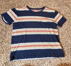 American Eagle Womens‎ XS Striped Pocket Tee Navy Blue Pink Yellow Short Sleeve thumbnail 1