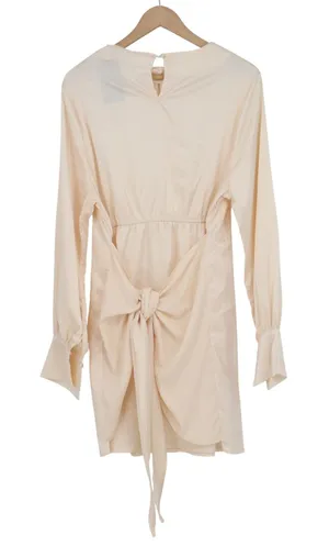 R.Vivimos Champagne Cream Silky Backless Tie Mini Dress Long Sleeve Size L thumbnail 1