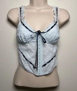 Women Coquette 100% Cotton Top XS Blue Eyelet‎ Lace Ribbon Corset Fairy thumbnail 1