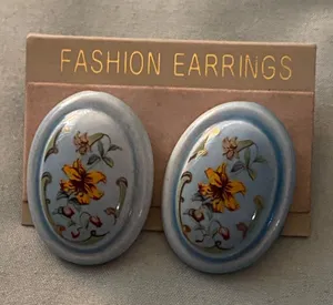 Vintage Enamel Pierced Earrings Blue Floral Flower Flowers 1.25” H Oval thumbnail 1