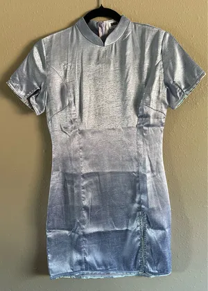 NWT DAWANG New York Noma Brocade Qipao Cheongsam Mini Dress - Silver Blue Size S thumbnail 1