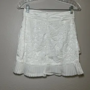 Naked Wardrobe White Sequin Lace Mini Skirt Ruched Satin Waist Pleated S nwot thumbnail 4