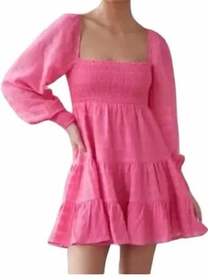 Urban Outfitters‎ Long Sleeve Smocked Bust Tiered Mini Dress in Pink Size Small thumbnail 1
