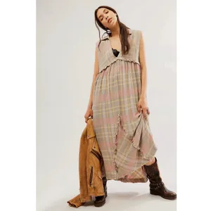 Free People Oversized Bohemian Grunge 90s Plaid Kirby Maxi Dress Size Large thumbnail 7