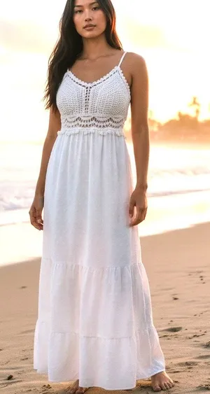 Crochet Midi Baby Doll Halter Dress Y2K Fairy White Shein Textured Tiered SZ SM thumbnail 1