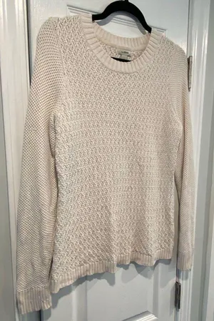 L.L. Bean Size S Cream Cotton Waffle Knit Long Sleeve Crew Neck Pullover Sweater thumbnail 1