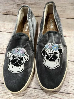 Soludos Women’s Velvet Pug Dog Slip-On Sneakers Flower Grey 7.5 thumbnail 1