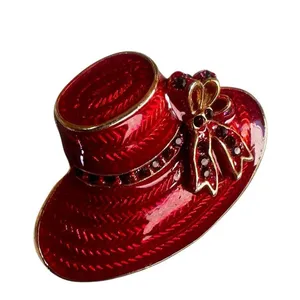 Red Enamel Wide-Brim Hat Brooch w/ Rhinestone Bow, Gold Tone thumbnail 3