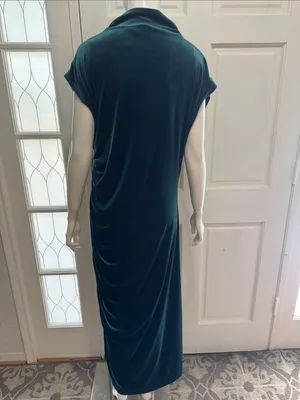 ANTHROPOLOGIE The Maya Stretch Velvet Cowl-Neck Em Teal Velvet Ruched Dress S XL thumbnail 13