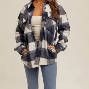 Miss Posh Navy Blue White Plaid Sherpa Lined Shacket Jacket XS thumbnail 8