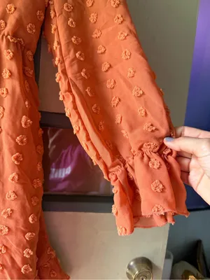 Women's Long Sleeve Ruffle Swiss Dot Dress in Orange thumbnail 3