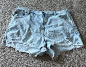 Aerie Light Wash Distressed Denim Shorts Elastic Back Waistband XL thumbnail 1