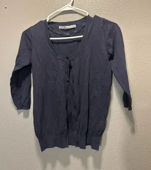 Zara Knit Cardigan Sweater Womens Small Navy Blue Scoop Neck 3/4 Sleeve Button thumbnail 1