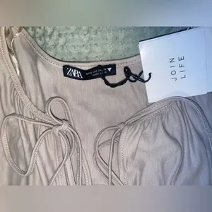 Zara NWT Beige Tiered Babydoll Midi Dress Soft Resort Wear Casual Summer Boho S thumbnail 6