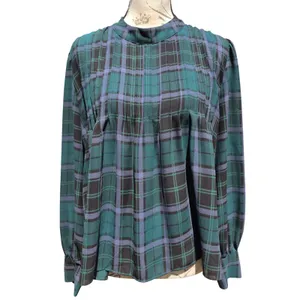 Ann Taylor Green Plaid Mock Neck Pintuck Blouse Long Sleeve Large thumbnail 2