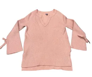 Blush Pink Ribbed V Neck Bow Tie Bell Sleeve Oversized Sweater size Small thumbnail 4