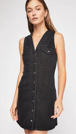 Free people wondering star Sleeveless Black Button-Front Denim Dress size 2 thumbnail 1