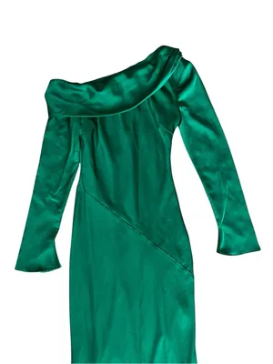 Nia Women’s Claire One Off Shoulder Emerald Green Long Sleeve Satin Midi Dress thumbnail 3