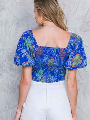 Flying Tomatoe Floral Puff Sleeve Sweetheart Top in Royal Blue M thumbnail 5