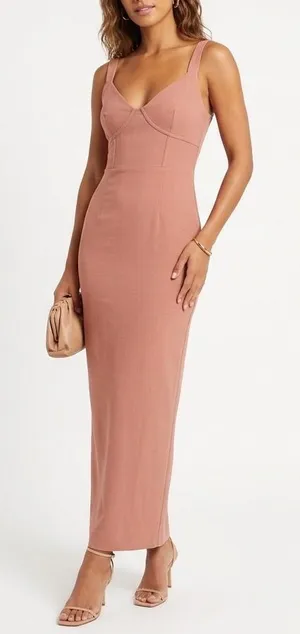 Naked Wardrobe Mauve Brown Ribbed Bustier Midi Bodycon Dress NW-D2420 Size L thumbnail 1