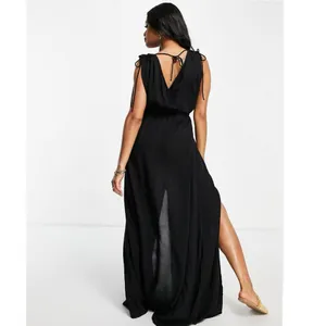 Asos Black Wrap V-Neck Sleeveless LBD Summer Beach Vavation Midi Maxi Dress Sz 4 thumbnail 2