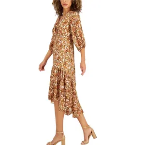 Taylor Floral High-Low Midi Dress‎ 8 Brown Gold Metallic Boho Puff Sleeve thumbnail 13