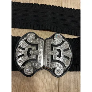 Chicos Black Elastic Stretch Belt Ornate Rhinestone Silver Tone Buckle Wide S/M thumbnail 2