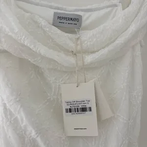 Peppermayo white lace off the shoulder crop top with textured floral embroidery thumbnail 4