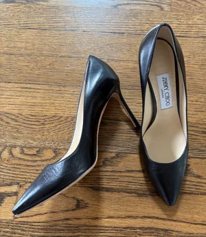 Jimmy Choo Black Leather Pointed-Toe Stiletto Pumps, 3.5” heel, 38.5 thumbnail 1