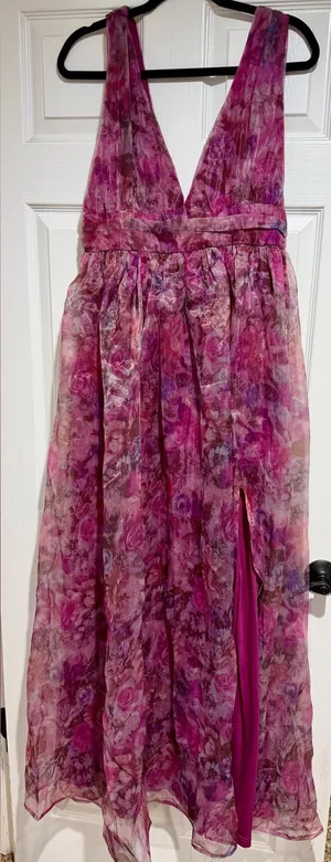 Lulu's Fuchsia Floral Chiffon Maxi Skirt with Deep V thumbnail 1