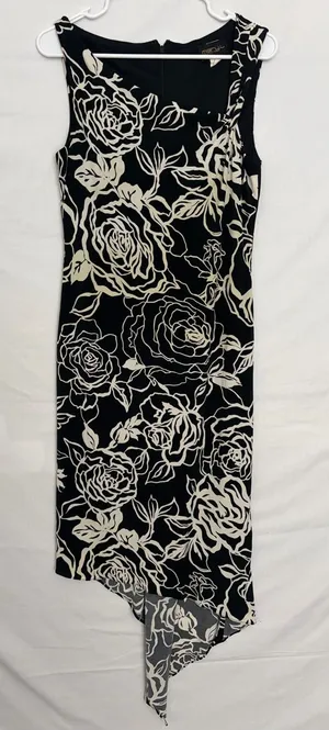 Mary L Couture Women Black Ivory Floral Asymmetric Hem Midi Dress Sz 10(A853) thumbnail 1
