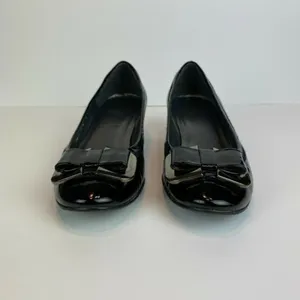 Stuart‎ Weitzman Wedge Heels 5.5 Black Patent Leather Silver Bow Office Career thumbnail 5