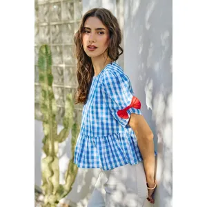 SO ME 4th Of July Gingham Ribbon Detail Short‎ Sleeves Blouse - Medium thumbnail 6