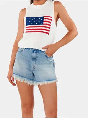 Show Me Your MuMu White Knit Tank with Red, White & Blue Flag Graphic Size Small thumbnail 1