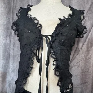 2 Pc Set Eyelet Embroidery Lace Tie Front Crop Top and Mini Skirt Set Summer thumbnail 3
