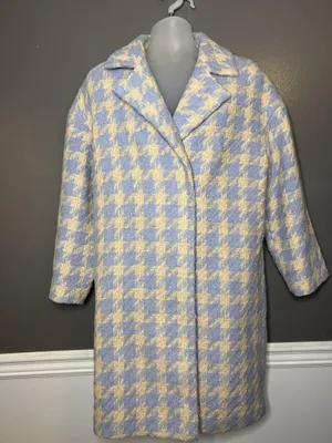 Baloot Coat Womens Small Blue Houndstooth Tweed 3/4 Sleeve Button Front Lined thumbnail 2