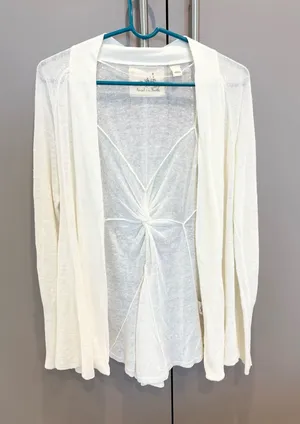 Anthropologie Angel of the North Ivory Linen Blend Open Cardigan Twist Back-S thumbnail 1