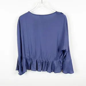 Anthropologie dRA Satin Ruffle Blouse L Blue thumbnail 3