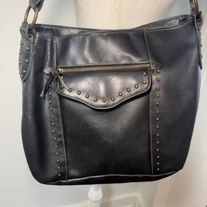 Y2K Black Studded Faux Leather Hobo‎ Shoulder Bag Brass Hardware Western Boho thumbnail 2