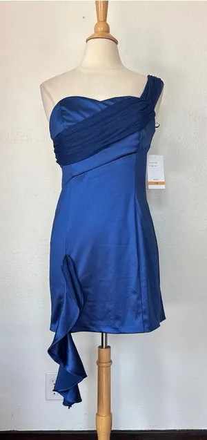 One-Shoulder Royal Blue Satin Cocktail Dress thumbnail 1