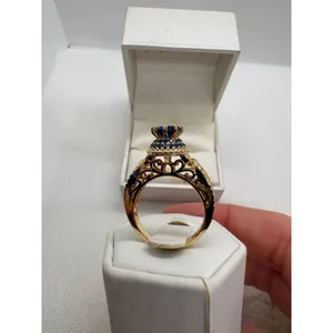 Gold‎ Plated Blue Cubic Zirconia Filigree Crown Statement Ring Size 6.75 thumbnail 6