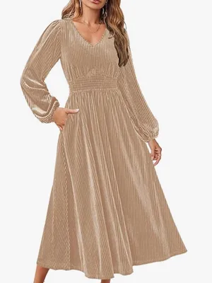 ZESICA Velvet Smocked Waist Midi Dress thumbnail 1